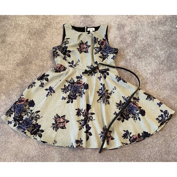 Elle Dress Sleeveless Gray Black Floral Print With Belt Size 12 - Picture 3 of 8